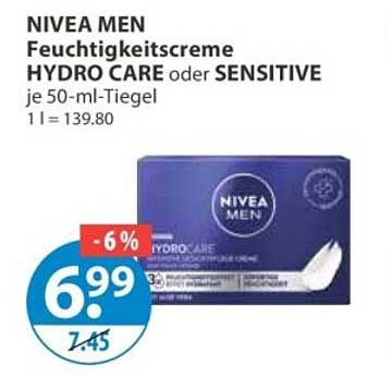 NIVEA MEN Feuchtigkeitscreme HYDRO CARE oder SENSITIVE je 50-ml-Tiegel