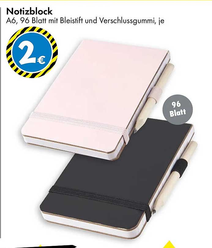 Notizblock A6, 96 Blatt mit Bleistift und Verschlussgummi, je