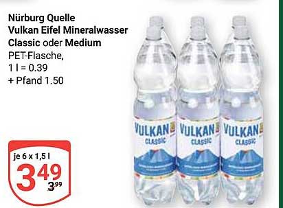 Nürburg Quelle Vulkan Eifel Mineralwasser Classic oder Medium PET-Flasche, 1 l = 0.39 + Pfand 1.50