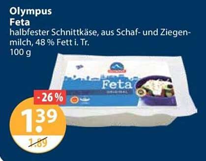 Olympus Feta halbfester Schnittkäse, aus Schaf- und Ziegenmilch, 48 % Fett i. Tr. 100 g