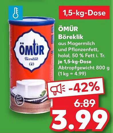 ÖMÜR Böreklik aus Magermilch und Pflanzenfett, halal, 50 % Fett i. Tr., je 1,5-kg-Dose, Abtropfgewicht 800 g (1 kg = 4.99)