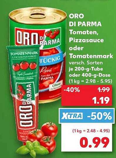 ORO DI PARMA Tomaten, Pizzasauce oder Tomatenmark versch. Sorten je 200-g-Tube oder 400-g-Dose (1 kg = 2.98 - 5.95)