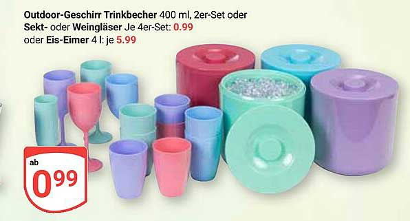 Outdoor-Geschirr Trinkbecher 400 ml, 2er-Set oder Sekt- oder Weingläser je 4er-Set oder Eis-Eimer 4 l je