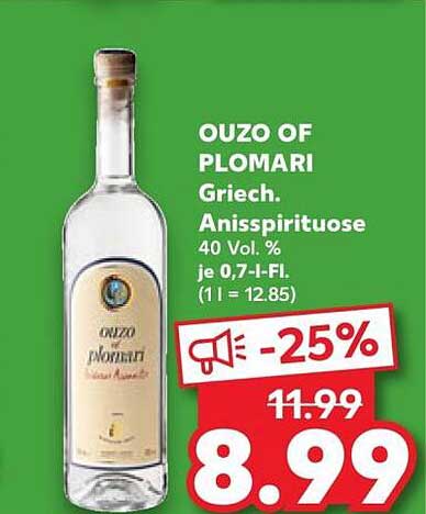 OUZO OF PLOMARI Griech. Anisspirituose 40 Vol. % je 0,7-l-Fl. (1 l = 12.85)