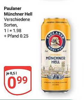 Paulaner Münchner Hell Verschiedene Sorten, 1 l = 1.98 + Pfand 0.25