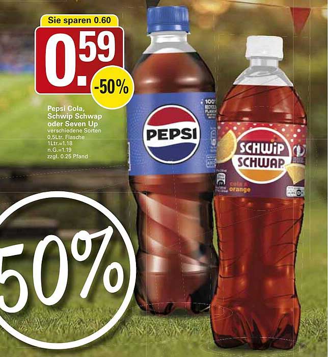 Pepsi Cola, Schiwp Schwap oder Seven Up verschiedene Sorten 0,5Ltr. Flasche