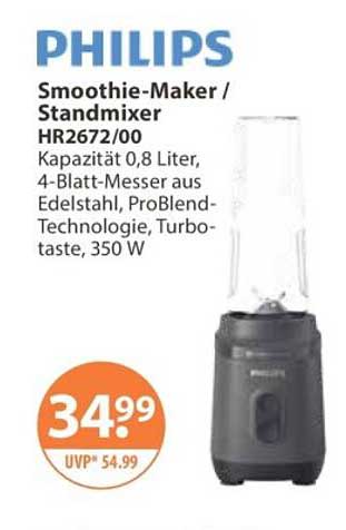 PHILIPS Smoothie-Maker / Standmixer HR2672/00, Kapazität 0,8 Liter, 4-Blatt-Messer aus Edelstahl, ProBlend-Technologie, Turbo-taste, 350 W