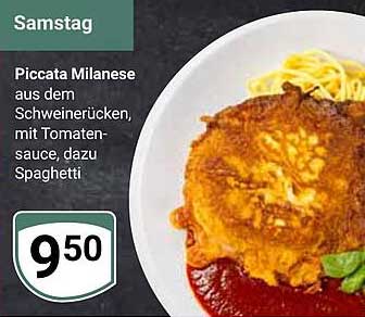 Piccata Milanese aus dem Schweinerücken, mit Tomatensauce, dazu Spaghetti