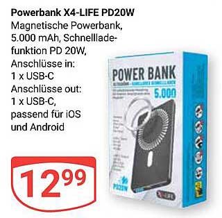 Powerbank X4-LIFE PD20W Magnetische Powerbank, 5.000 mAh, Schnellladefunktion PD 20W, Anschlüsse in: 1 x USB-C Anschlüsse out: 1 x USB-C, passend für iOS und Android