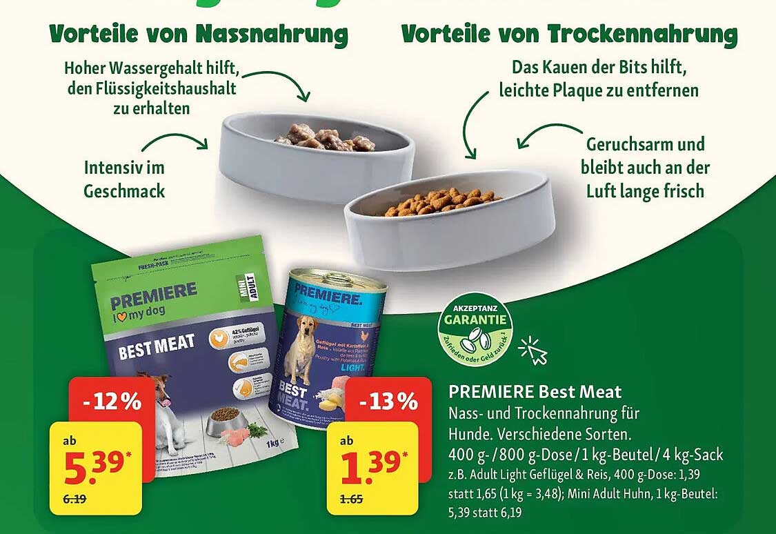 PREMIERE Best Meat Nass- und Trockenfutter für Hunde. Verschiedene Sorten. 400 g / 800 g-Dose / 1 kg-Beutel / 4 kg-Sack