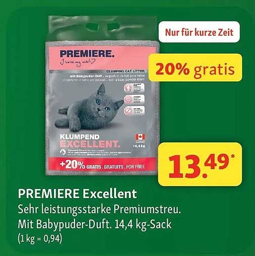 PREMIERE Excellent Sehr leistungsstarke Premiumstreu. Mit Babypuder-Duft. 14,4 kg-Sack (1 kg = 0,94)