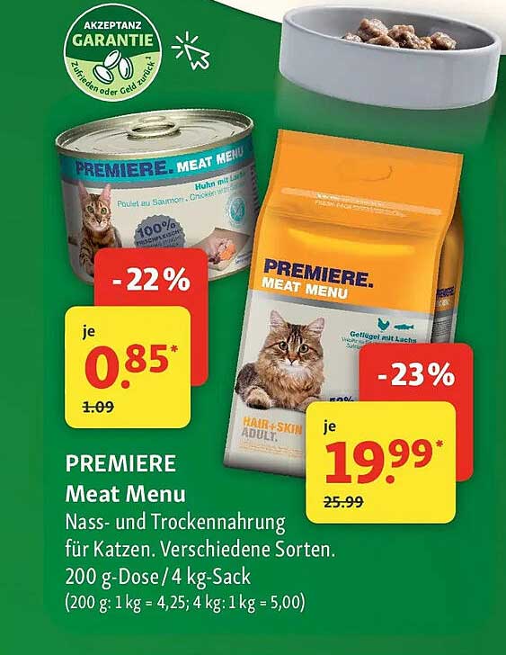 PREMIERE Meat Menu Nass- und Trockennahrung für Katzen. Verschiedene Sorten. 200 g-Dose / 4 kg-Sack