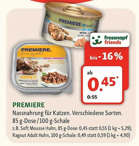 PREMIERE Nassnahrung für Katzen. Verschiedene Sorten. 85 g-Dose/100 g-Schale