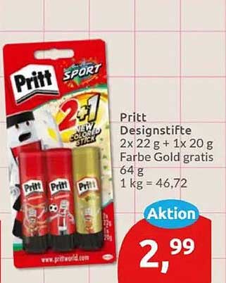 Pritt Designstifte 2x 22 g + 1x 20 g Farbe Gold gratis 64 g 1 kg = 46,72