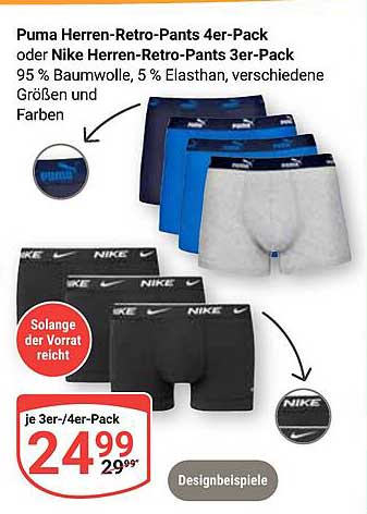 Puma Herren-Retro-Pants 4er-Pack oder Nike Herren-Retro-Pants 3er-Pack