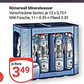 Römerwall Mineralwasser Verschiedene Sorten, je 12 x 0,75 l-MW-Flasche, 1 l = 0.39 + Pfand 3.30