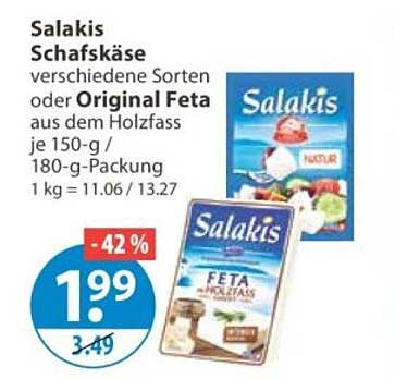 Salakis Schafskäse verschiedene Sorten oder Original Feta aus dem Holzfass je 150-g / 180-g-Packung 1 kg = 11.06 / 13.27