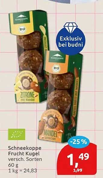 Schneekoppe Frucht Kugel versch. Sorten 60 g 1 kg = 24,83