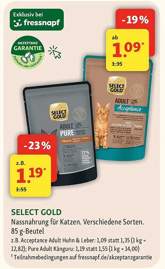SELECT GOLD Nassnahrung für Katzen. Verschiedene Sorten. 85 g-Beutel