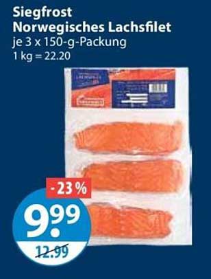 Siegfrost Norwegisches Lachsfilet je 3 x 150-g-Packung 1 kg = 22.20