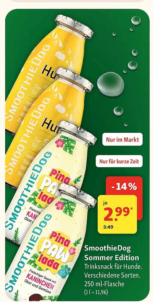SmoothieDog Sommer Edition Trinksnack für Hunde. Verschiedene Sorten. 250 ml-Flasche (1 l = 11,96)