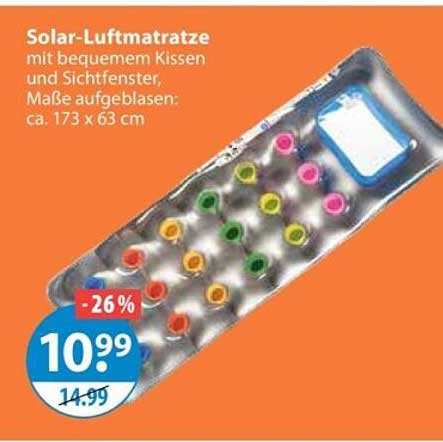 Solar-Luftmatratze mit bequemem Kissen und Sichtfenster, Maße aufgeblasen: ca. 173 x 63 cm