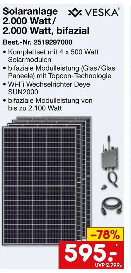 Solaranlage 2.000 Watt/ 2.000 Watt, bifazial