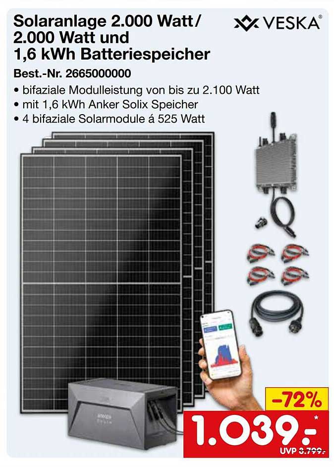 Solaranlage 2.000 Watt/ 2.000 Watt und 1,6 kWh Batteriespeicher
