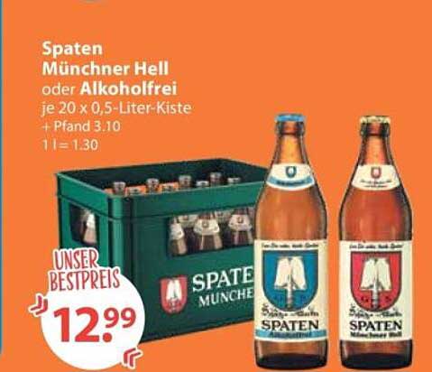 Spaten Münchner Hell oder Alkoholfrei je 20 x 0,5-Liter-Kiste + Pfand 3.10 1 l = 1.30