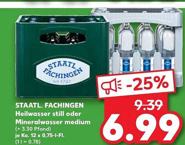 STAATL. FACHINGEN Heilwasser still oder Mineralwasser medium (+ 3.30 Pfand) je Kasten 12 x 0,75-l-Fl. (1 l = 0,78)