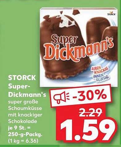 Storck Super-Dickmann's super große Schaumküsse mit knackiger Schokolade je 9 St. = 250-g-Packg. (1 kg = 6.36)