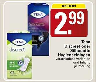 Tena Discreet oder Silhouette Hygieneeinlagen verschiedene Varianten und Inhalte je Packung