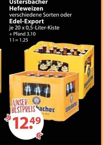 Ustersbacher Hefeweizen verschiedene Sorten oder Edel-Export je 20 x 0,5-Liter-Kiste + Pfand 3.10 1 l = 1.25