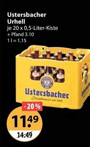 Ustersbacher Urhell je 20 x 0,5-Liter-Kiste + Pfand 3.10 1 l = 1.15
