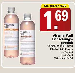 Vitamin Well Erfrischungsgetränk verschiedene Sorten 0,5Ltr. PET-Flasche 1Ltr.=3,38 n.G.=1,99 zzgl. 0,25 Pfand