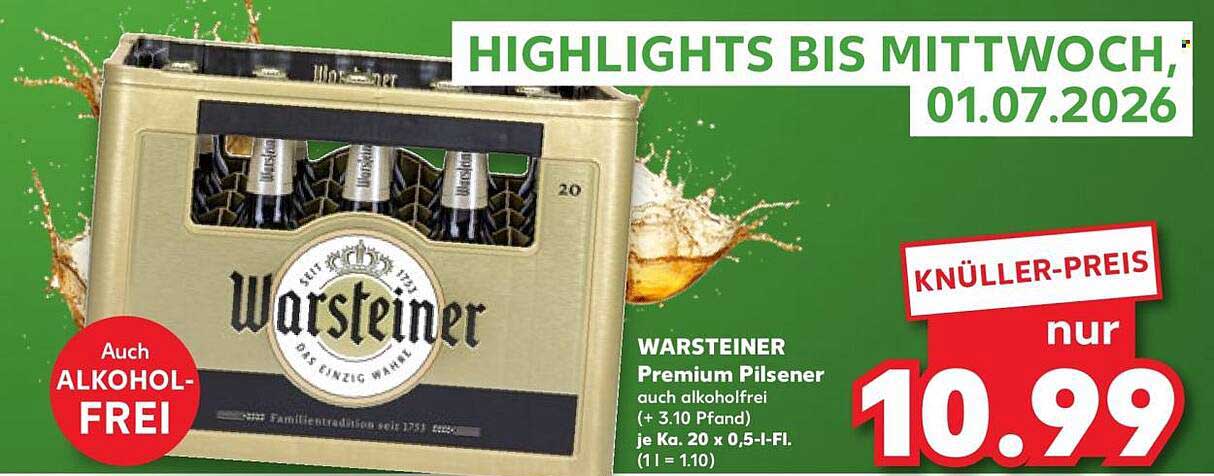 WARSTEINER Premium Pilsener auch alkoholfrei (+ 3.10 Pfand) • Keg. 20 x 0,5-l-Fl. (1 l = 1.10)