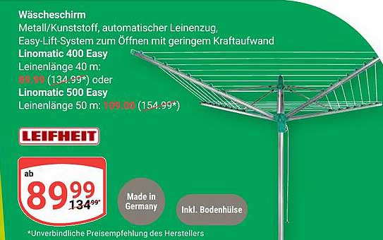 Wäscheschirm Metall/Kunststoff, automatischer Leinenzug, Easy-Lift-System zum Öffnen mit geringem Kraftaufwand Linomatic 400 Easy Leinenlänge 40 m; Linomatic 500 Easy Leinenlänge 50 m