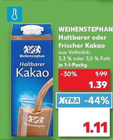 WEIHENSTEPHAN Haltbarer oder frischer Kakao aus Vollmilch, 3,3 % oder 3,5 % Fett je 1-l-Packg.