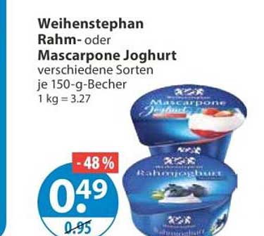 Weihenstephan Rahm- oder Mascarpone Joghurt verschiedene Sorten je 150-g-Becher 1 kg = 3.27