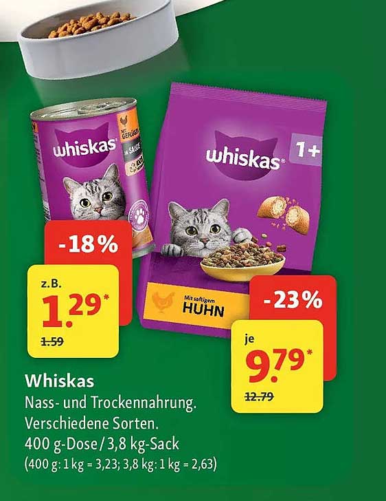Whiskas Nass- und Trockennahrung. Verschiedene Sorten. 400 g-Dose / 3,8 kg-Sack