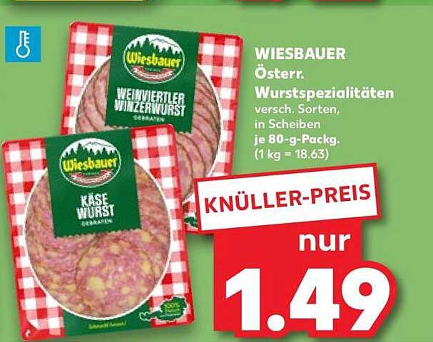 WIESBAUER Öster. Wurstspezialitäten versch. Sorten, in Scheiben, je 80-g-Packg. (1 kg = 18.63)