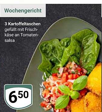 Wochengericht 3 Kartoffeltaschen gefüllt mit Fischkäse an Tomatensalsa