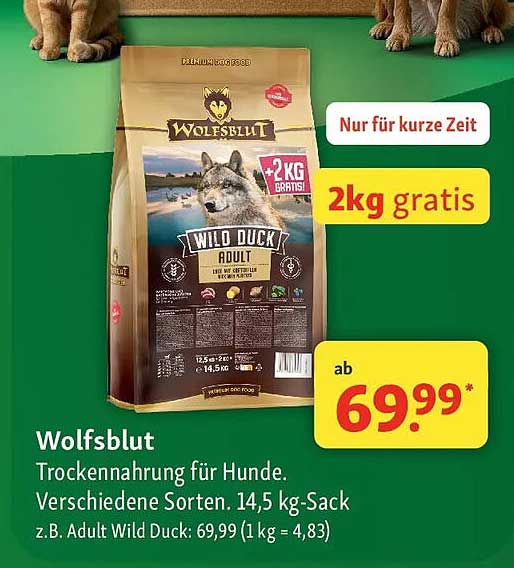 Wolfsblut Trockennahrung für Hunde. Verschiedene Sorten, 14,5 kg-Sack z.B. Adult Wild Duck