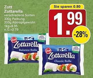 Zott Zottarella verschiedene Sorten 330g Packung 200g Abtropfgewicht 1kg=9,95 n.G.=2,79