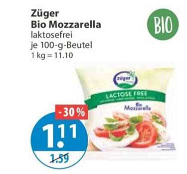 Züger Bio Mozzarella laktosefrei je 100-g-Beutel 1 kg = 11.10