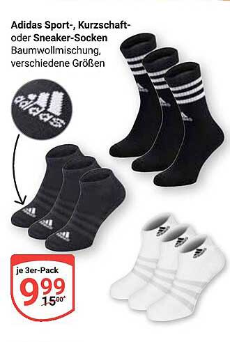 Adidas Sport-, Kurzschaft- oder Sneaker-Socken im 3er-Pack