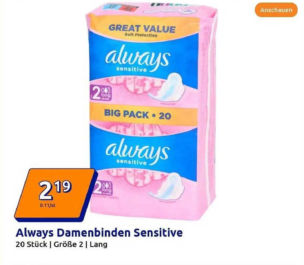 Always Damenbinden Sensitive 20 Stück | Größe 2 | Lang
