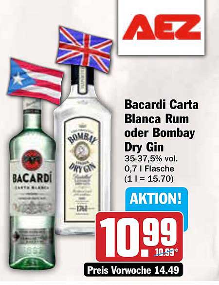 Bacardi Carta Blanca Rum oder Bombay Dry Gin 0,7 l