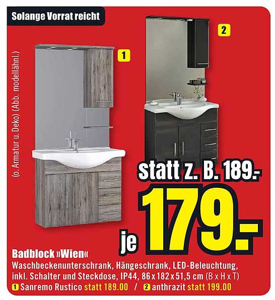 Badblock »Wien« Waschbeckenunterschrank, Hängeschrank, LED-Beleuchtung