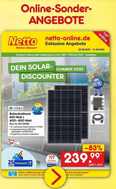 Balkonkraftwerk 830 Watt / 600 - 800 Watt